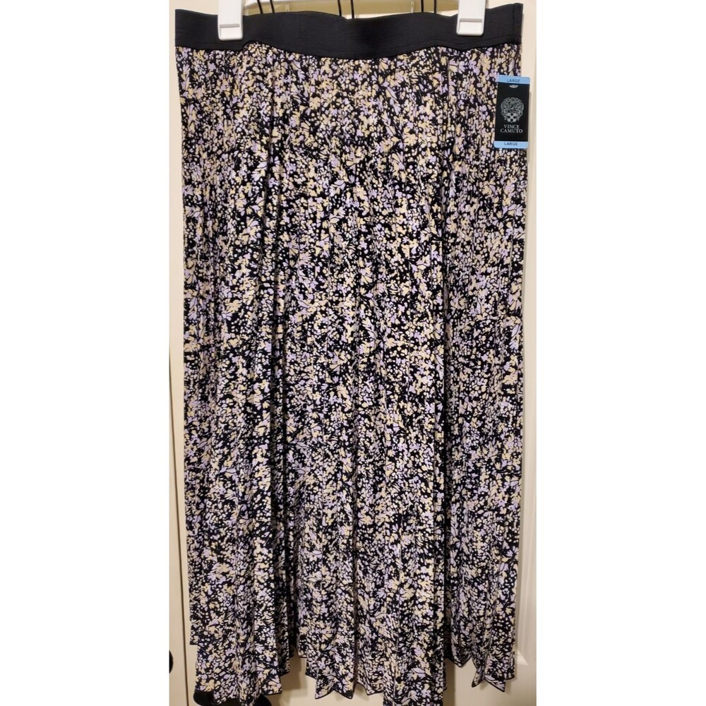 Vince Camuto Pleated Midi Skirt Floral Print Black/Yellow/Lavender Size L - NWT